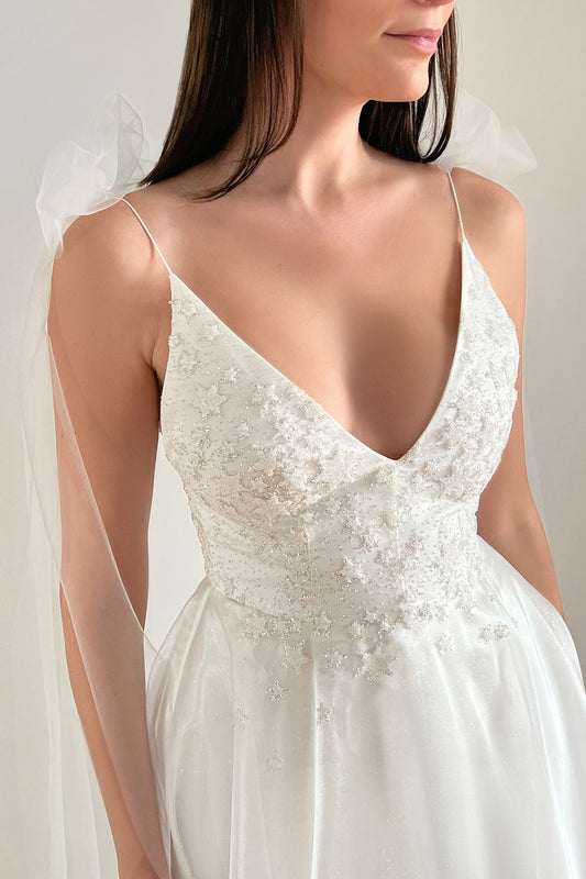 Star embroidered wedding dress with organza skirt