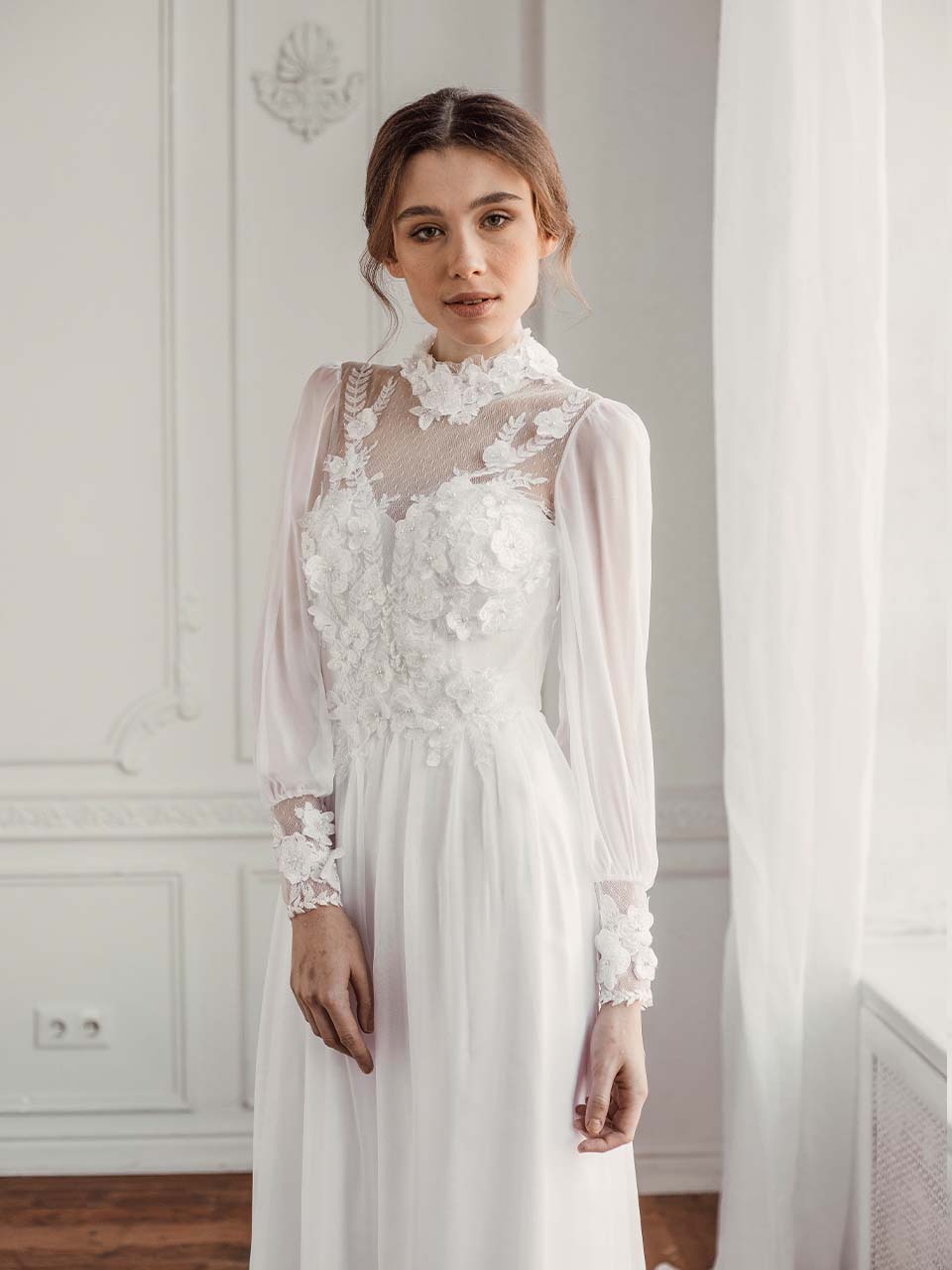 Modest Wedding Dress, Wedding Dress Floral Embroidery, Chiffon Wedding Dress Long Sleeve